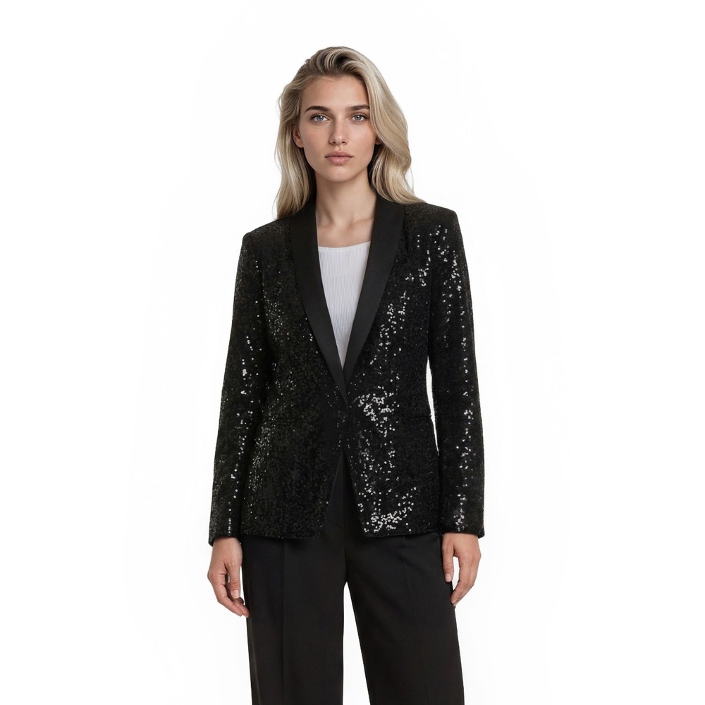Ann Taylor Sequin Blazer Women's Size 6 Black Shawl Collar Tuxedo Evening Jacket